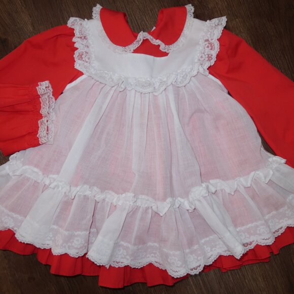 Vintage Girls Bryan Red White 2pc Pinafore Ruffled Holiday Dress Lace Trim sz 4T - Picture 3 of 7